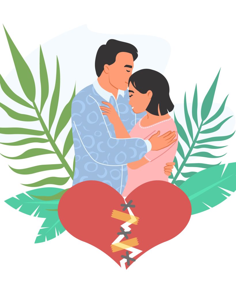 Love reconciliation flat vector illustraiton. Cartoon happy couple reunion. Renewal of romantic relationship. Loving man and woman hugging over repaired heart