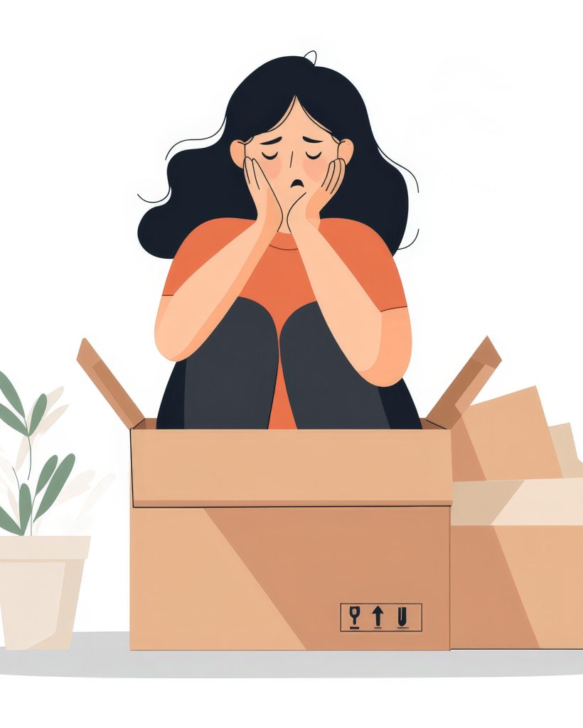 flat illustration of a frustrated woman sitting inside a cardboard box, resting her head in her hands, surrounded by boxes. The scene conveys emotions like stress and feeling overwhelmed