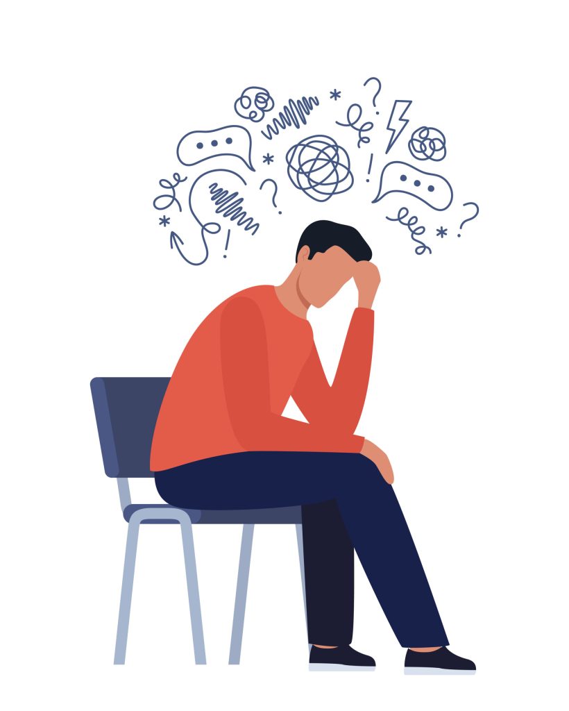 Young man is sitting surrounded by stream of thoughts, chaos in head. Mental disorder, anxiety, depression, stress, headache. Dizziness, sad, anxious thoughts, emotional burnout. Vector illustration