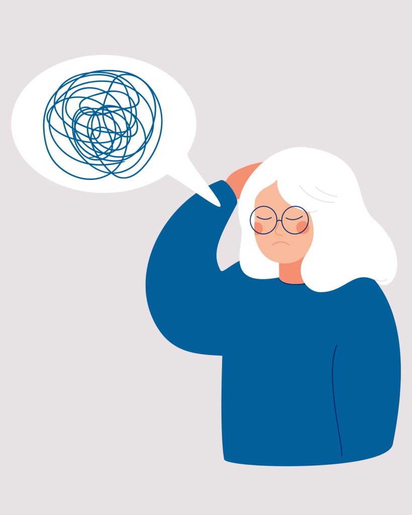 Woman has depression with bewildered thoughts in her mind. Loss of short-term memory, difficulty concentrating, problems planning and pondering things are symptoms of dementia.