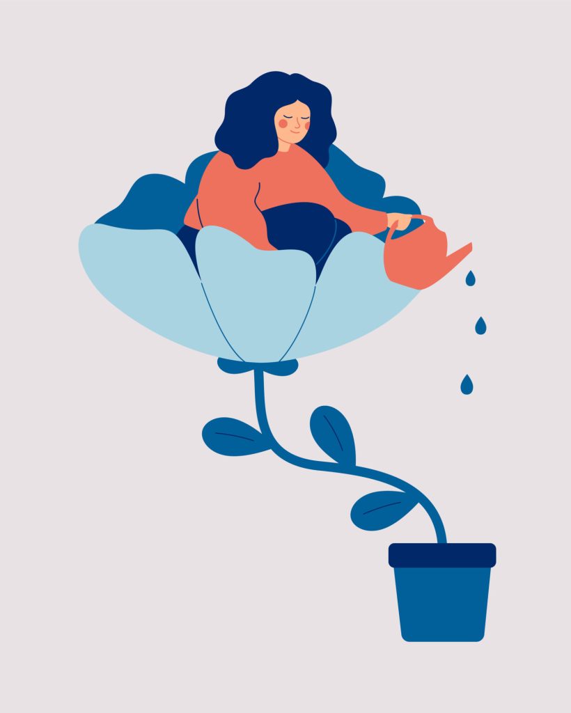 A happy woman sits in the flower and waters it. Smiling girl cares about herself and her future. Concept of love yourself and a healthy lifestyle. Vector illustration.