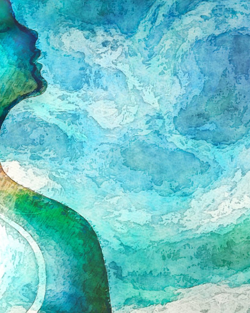 mindfulness relaxation breathing concept with woman breathing in relaxing breath of swirling nature background